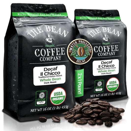 The Bean Organic Coffee Company Water Processed DECAF IL Chicco (Traditional Italian Roast), Dark Roast, Whole Bean Coffee, 16-Ounce Bags (Pack of 2)