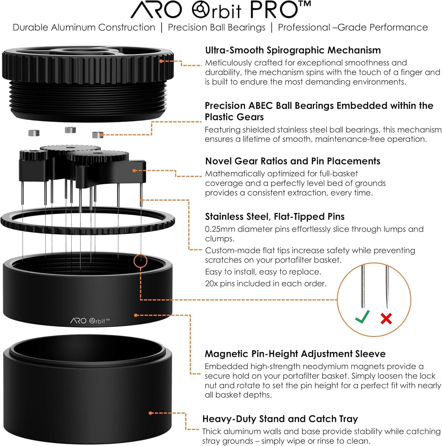 ARO Orbit PRO™ | Aluminum Spirographic WDT Tool | Mechanical Geared Spinning Distribution Tool for Home Baristas and Professional Cafés | Compatible with Breville 54mm Portafilters