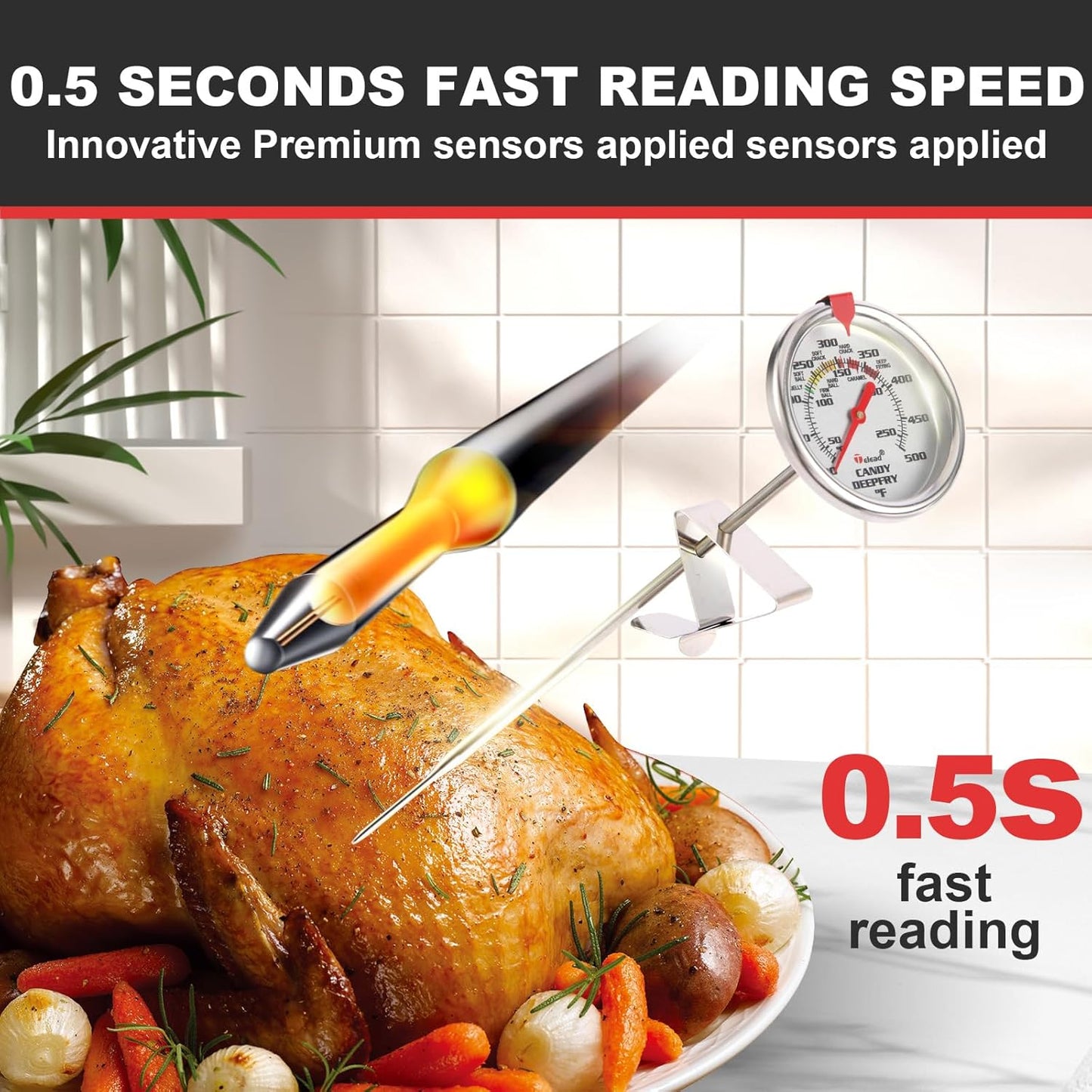 Upgraded Candy Thermometer Waterproof - Oil Thermometer for Frying with Clips - 9" Side of Pot Rainbow dial Thermometer Deep Fry for Oil Candy Candle BBQ - Silver XL