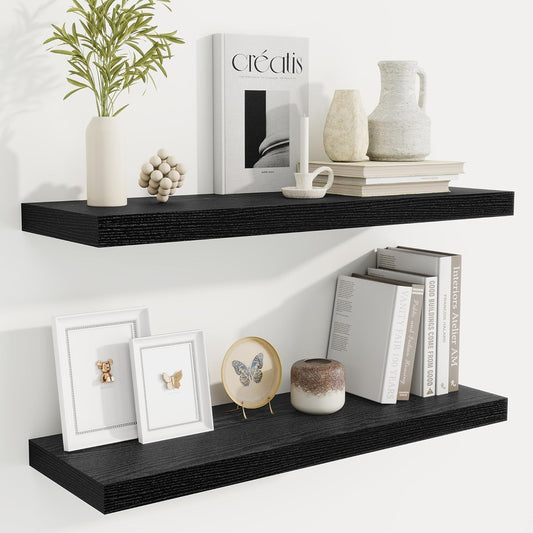 Fun Memories Floating Shelves for Wall, 30 Inch Rustic Wood Wall Mounted Shelves for Bathroom, Bedroom, Kitchen, Living Room, Deep Floating Shelves for Storage & Home Decor (Black, Set of 2)