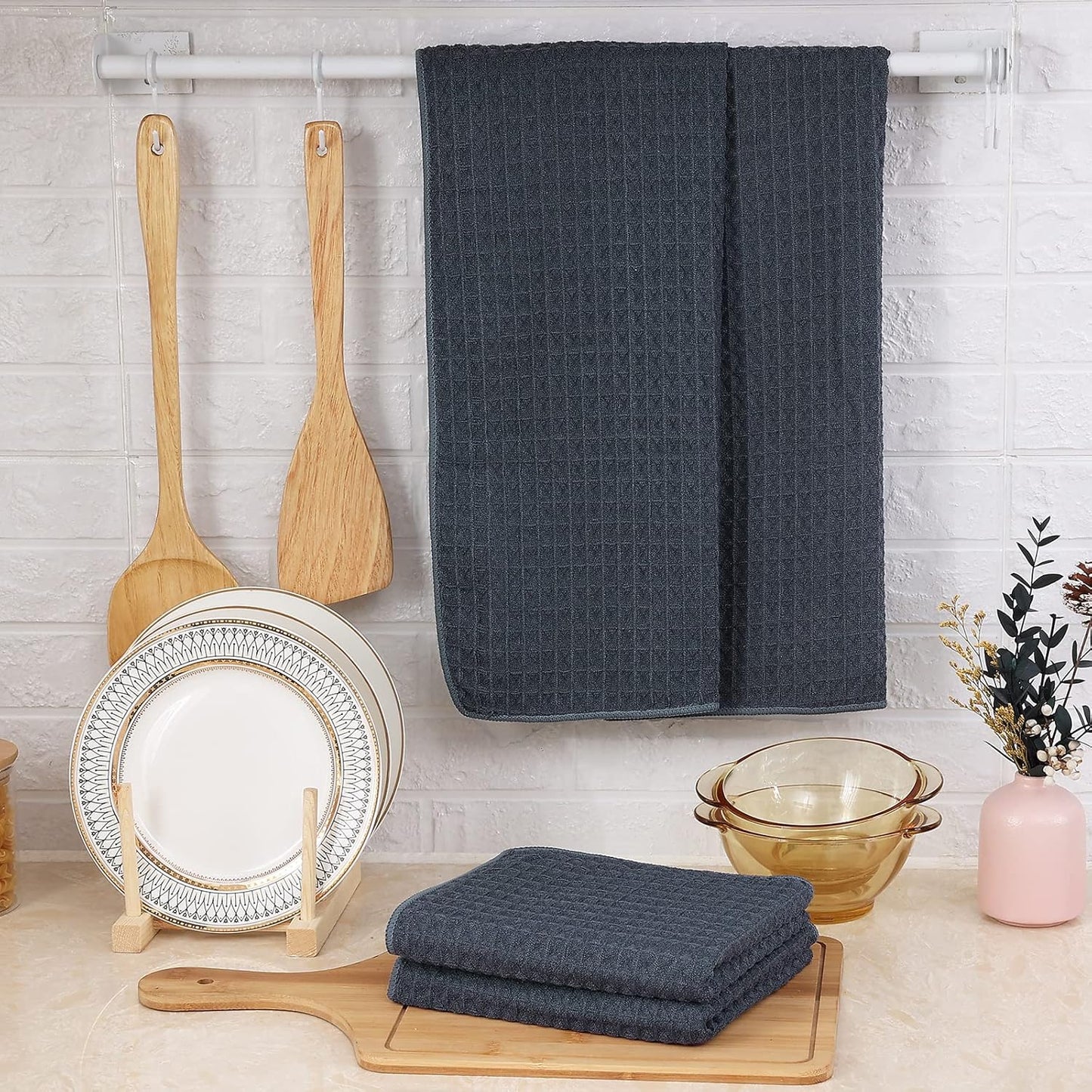 Homaxy Microfiber Waffle Weave Kitchen Towels, 16 x 28 Inch Ultra Absorbent and Solid Color Dish Towels, 4 Pack, Dark Grey