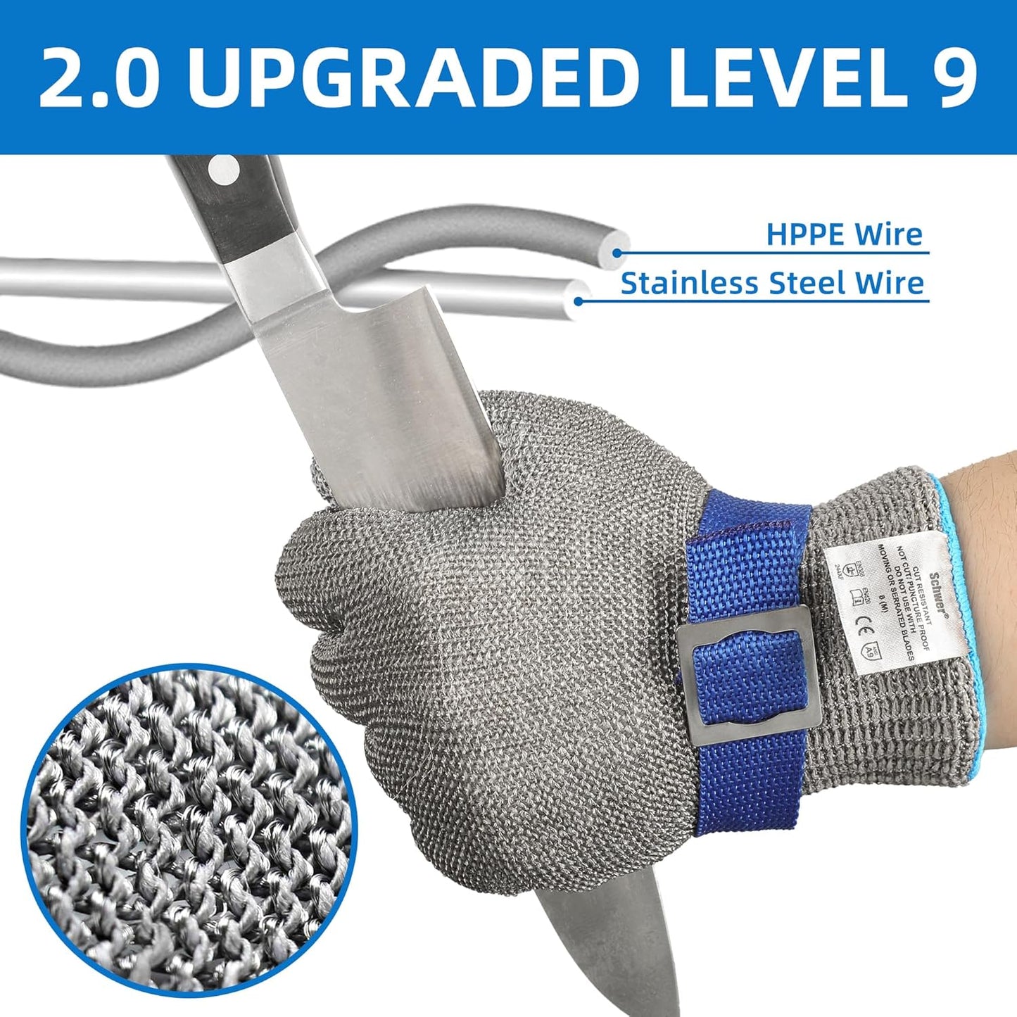 Schwer SlicePro ANSI A9 Cut Resistant Glove PR1707, Food Grade Stainless Steel Wire Metal Gloves, Cutting Gloves for Kitchen, Meat Cutting, Oyster Shucking, Fish Fillet, Non-PFAS（L, 2 PCS）