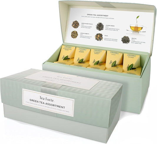 Tea Forte Assorted Green Tea Presentation Box Tea Gift Set Sampler, 20 Count, 2 of Each Variety Individually Wrapped Handcrafted Pyramid Infuser Bags