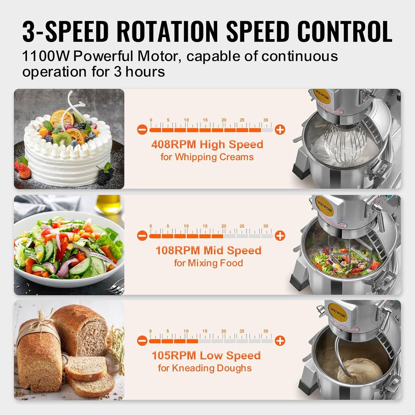 VEVOR Commercial Mixer 30Qt, Commercial Food Mixer Stainless Steel Bowl, 1100W Commercial Stand Mixer with 3 Speeds Adjustable, Dough Hook Whisk Beater Included, Perfect for Bakery Pizzeria, Silver