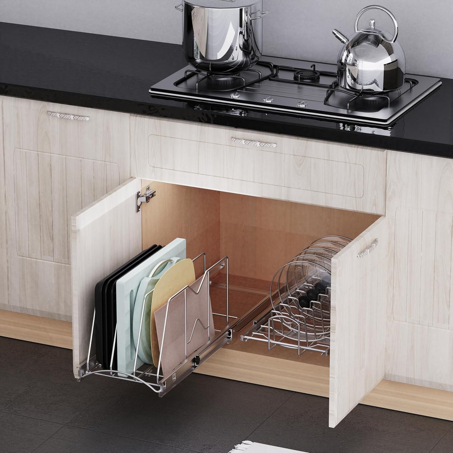 Pull Out Cookie Sheet Organizer for Cabinet, Pan and Pot Rack, Cutting Board Organizer Rack, Baking Tray Organizer for Cabinet, Adjustable Divider Width, 11" W x 22" D x 11.8" H, Chrome