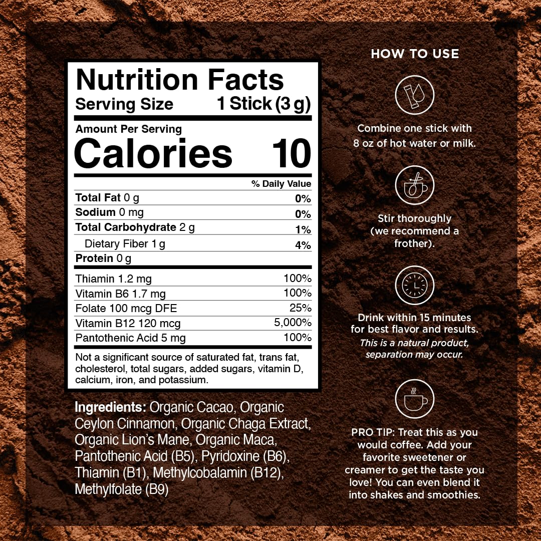 VitaCup Shroom Fuel, Mushroom Based Instant Coffee Alternative Packets, Mushroom Coffee Substitute w/Cacao, Cinnamon, Chaga, Lions Mane, & Maca for Energy, Immune Support, & Focus, 10 ct