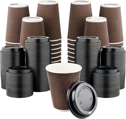 [400 SET]Harvest Pack 12 oz Disposable Coffee Cups, Insulated Ripple Double-Walled Paper Cup with Lid, Brown Geometric, Tea Hot Chocolate Drinks To go coffee cups
