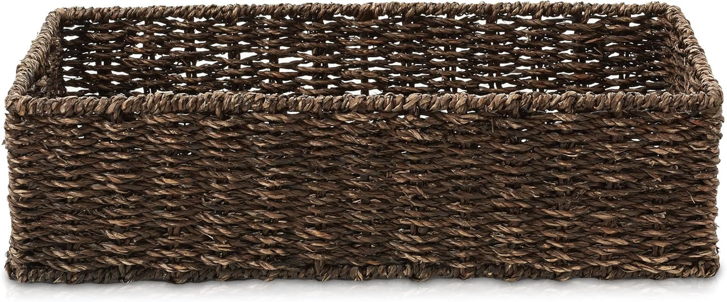 Casafield Set of 2 Bathroom Storage Baskets, Espresso - Seagrass, 16" W x 6.75" D x 4.25" H, Woven Toilet Tank Topper Bins for Organizing Tissues, Toilet Paper, Toiletries, Shelves
