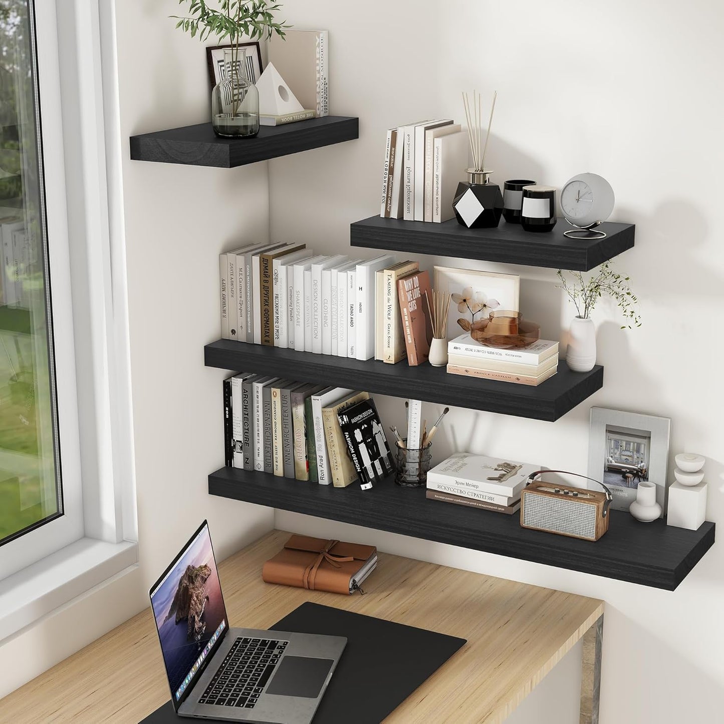 Fun Memories 48" Black Floating Shelves, 9.3 Inch Deep Floating Shelves for Wall, Rustic Wooden Wall Shelves for Home Decor, Large Fireplace Mantel for Storage, Deep Floating Shelf Set of 1