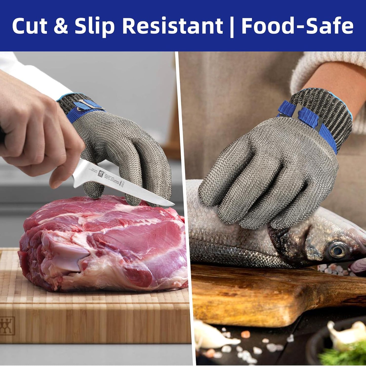 Schwer SlicePro ANSI A9 Cut Resistant Glove PR1706, Stainless Steel Mesh Metal Glove, Food Grade for Kitchen Cooking, Butcher Meat Cutting, Oyster Shucking, Mandoline, Fishing, Non-PFAS(L, 1 Pair)