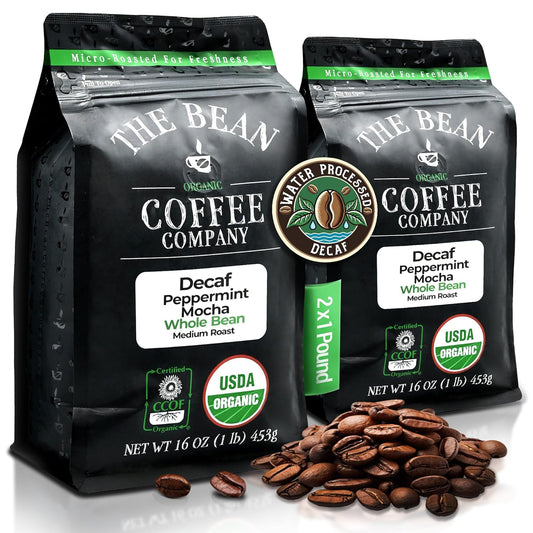The Bean Organic Coffee Company Water Processed DECAF Peppermint Mocha, Medium Roast, Whole Bean Coffee, 16-Ounce Bags (Pack of 2)