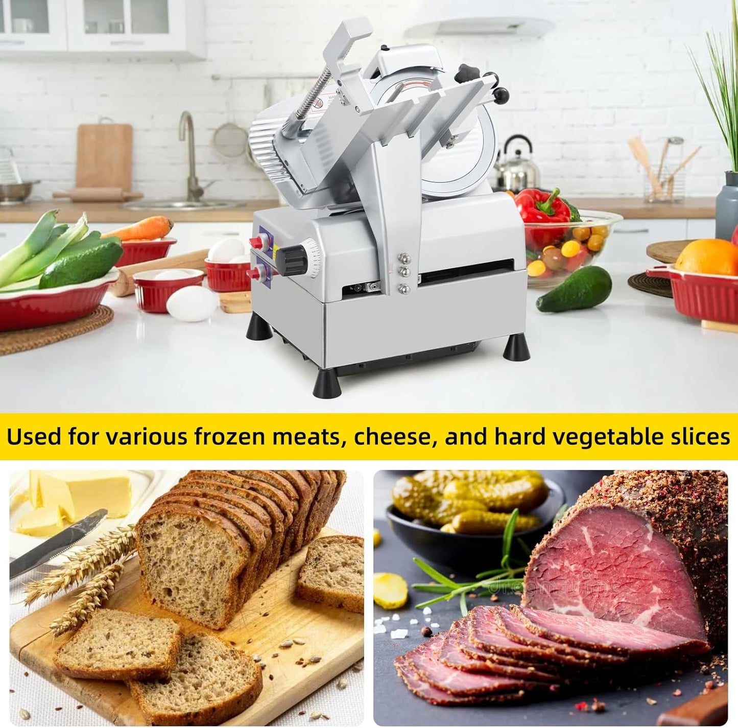 Dual Motor Automatic Meat Slicer 240W + 430W Power | 10" Sharp Carbon Steel Blade, 0-16mm Adjustable Thickness | Ideal for Deli Meats, Cheeses & Home Kitchen Use