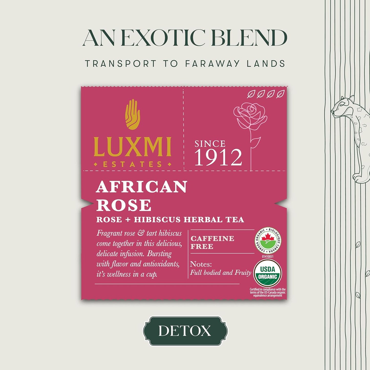 Luxmi Estates - African Rose - Organic Hibiscus Rose Tea - Loose Leaf - 50g (25 Cups) | With Soothing Rose and Hibiscus | Great for Skin DeTox - Supports a Healthy Glow