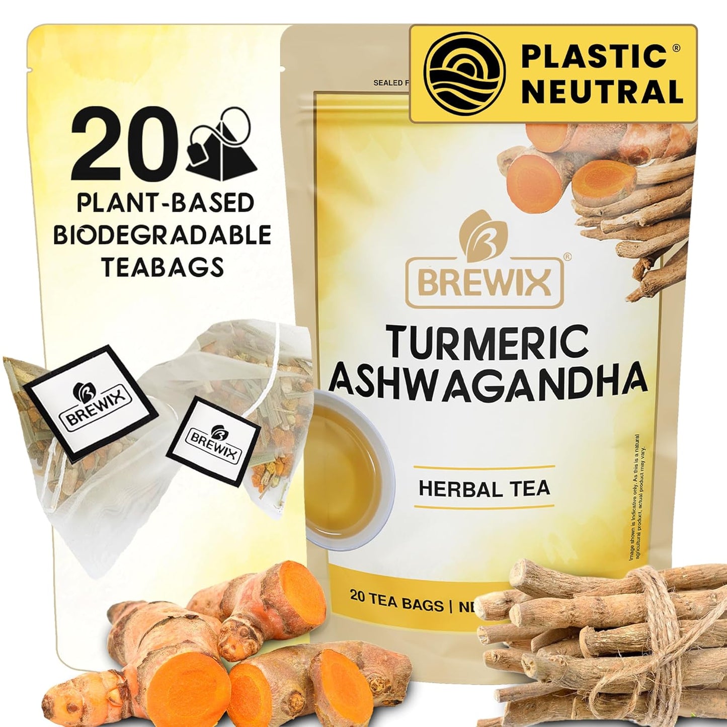BREWIX, Turmeric Ashwagandha Herbal Tea Bags (20 Pyramid Tea Bags) Real Ingredients From India, Caffeine Free & Naturally Gluten Free | 100% Pure Herbal Blend Packed in Resealable Ziplock Pouch