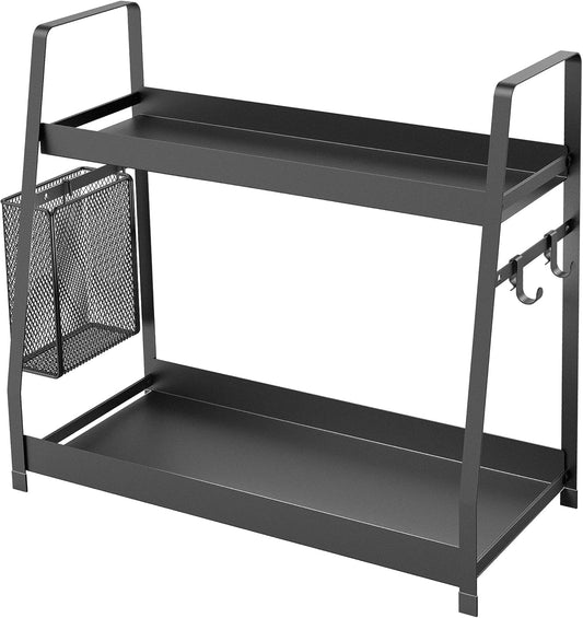 OROPY 2 Tier Spice Rack for Countertop, Metal Standing Kitchen Storage Organizer Shelf, Counter Shelf for Cabinet,Pantry,Bathroom,Bedroom, with Hanging Basket