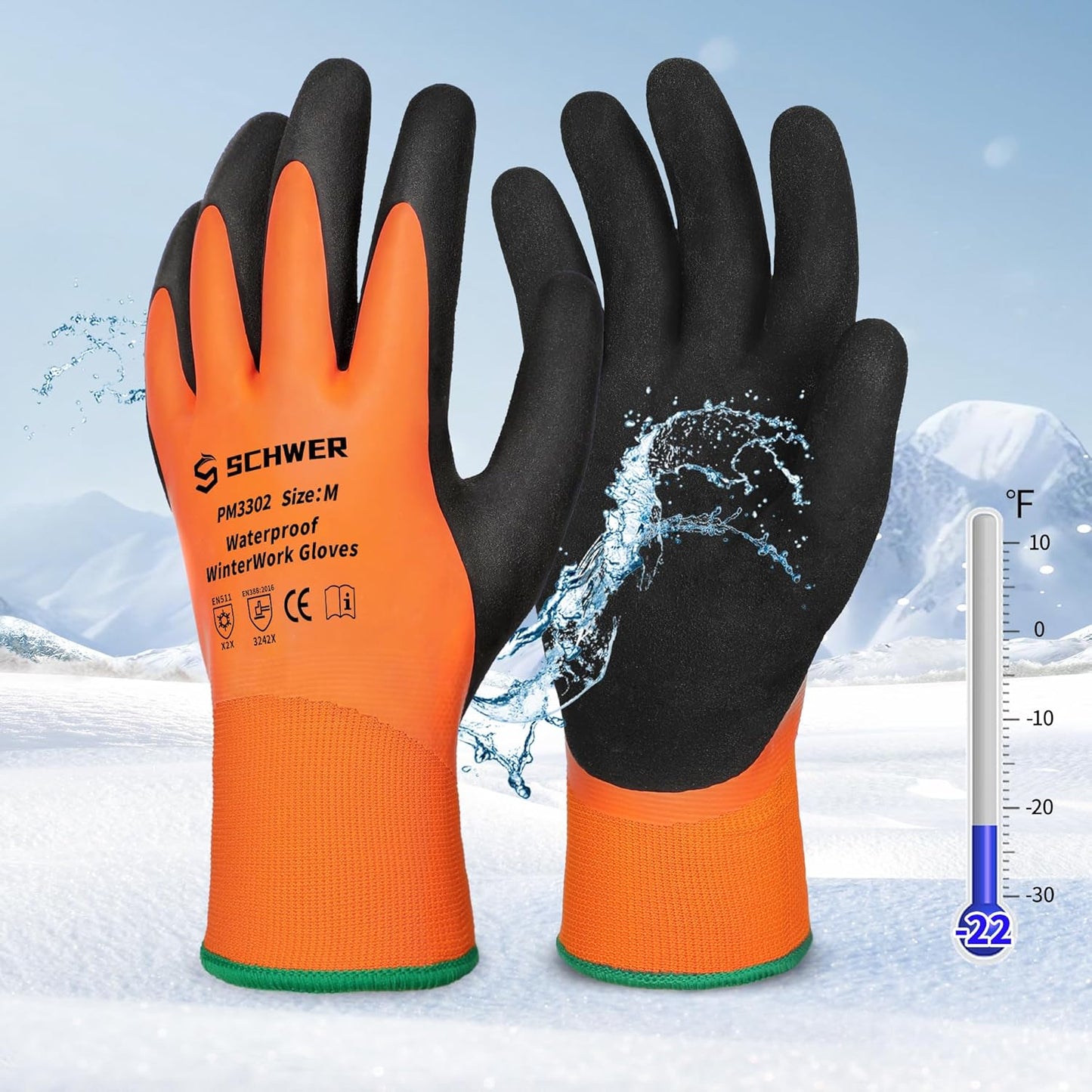 Schwer FreezeGuard Waterproof Work Gloves PM3302, ANSI A2 Cut Resistant Freezer Gloves for Outdoor Cold Weather Keep Hands Warm Below Zero, Waterproof Gloves for Shoveling Snow, Ice Fishing, M