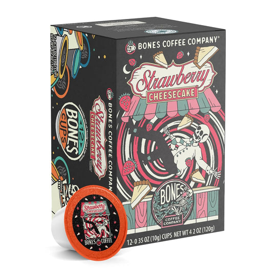 Bones Coffee Company Strawberry Cheesecake Flavored Coffee Pods, Low Acid Medium Roast Single-Serve Bones Cups, Compatible with 1.0 & 2.0 K-Cups Brewers Coffee Maker, 12 Count