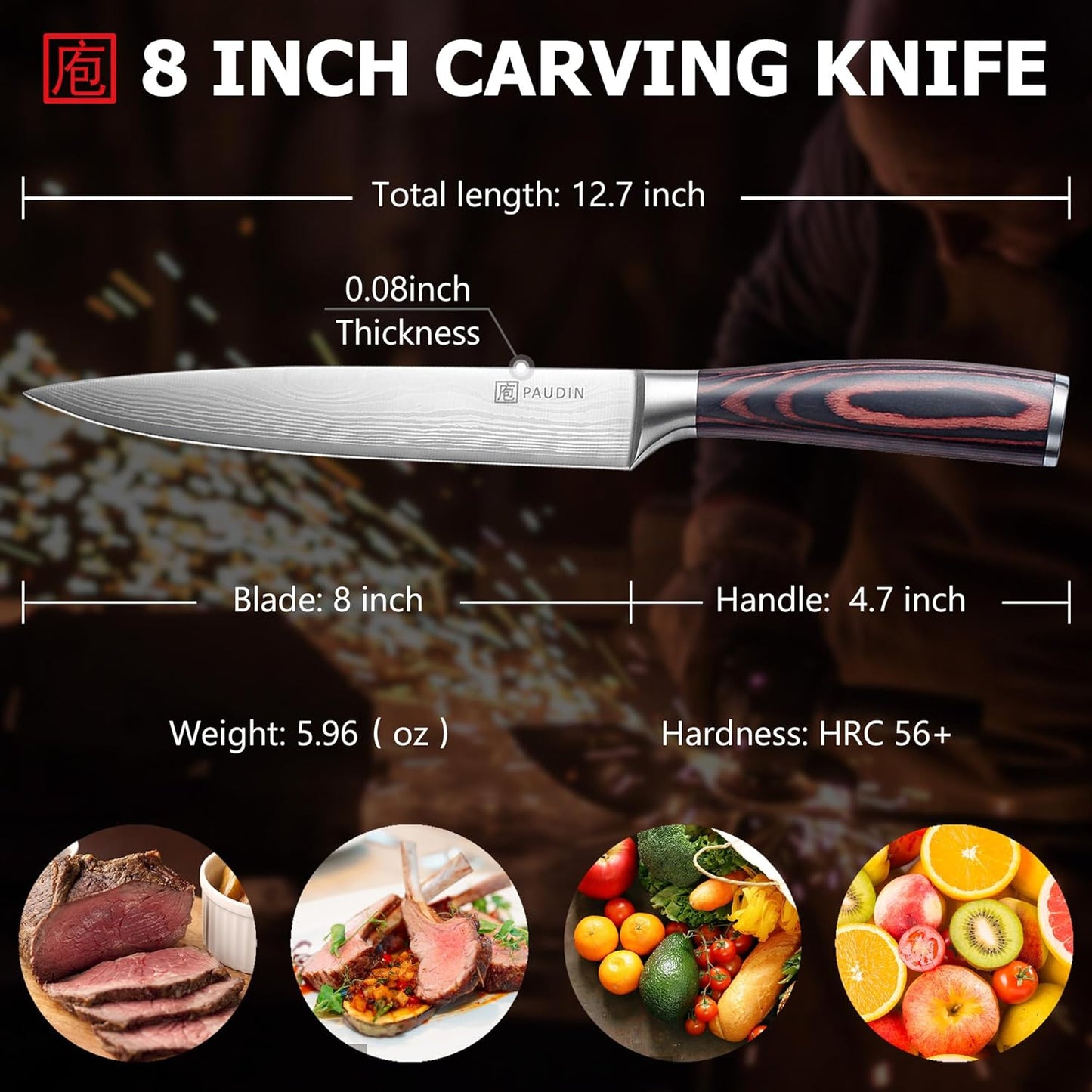 PAUDIN Carving Knife 8 inch, Ultra Sharp Brisket Slicing Knives, Premium Meat Cutting Knives German Stainless Steel, BBQ Knife with Ergonomic Handle, for Slicing Roast, Meats and Vegetables
