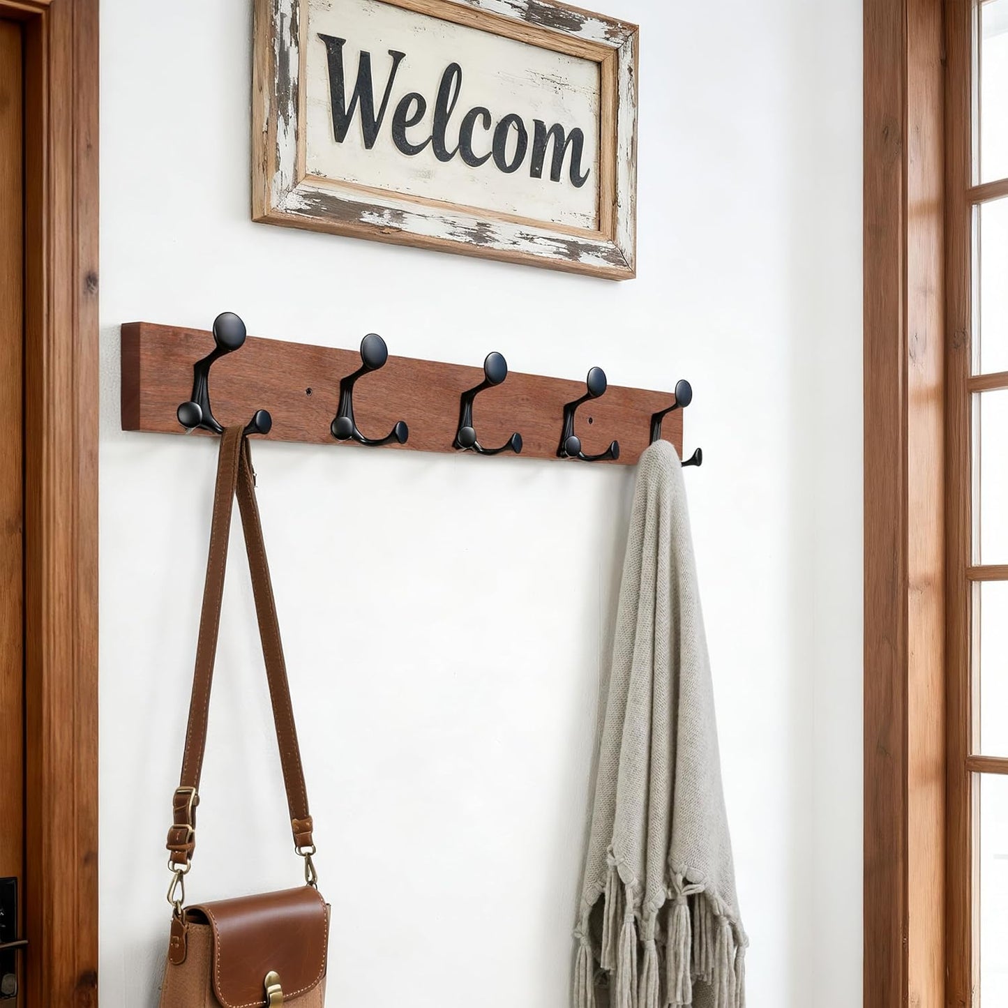 SKOLOO 30-Inch Wood Coat Rack Wall Mount with 5 Triple Hooks - Ideal for Family Entrances, Classrooms, and Pet Supplies Storage - Perfect Coat Hooks for Wall,Mahogany (Sapele)