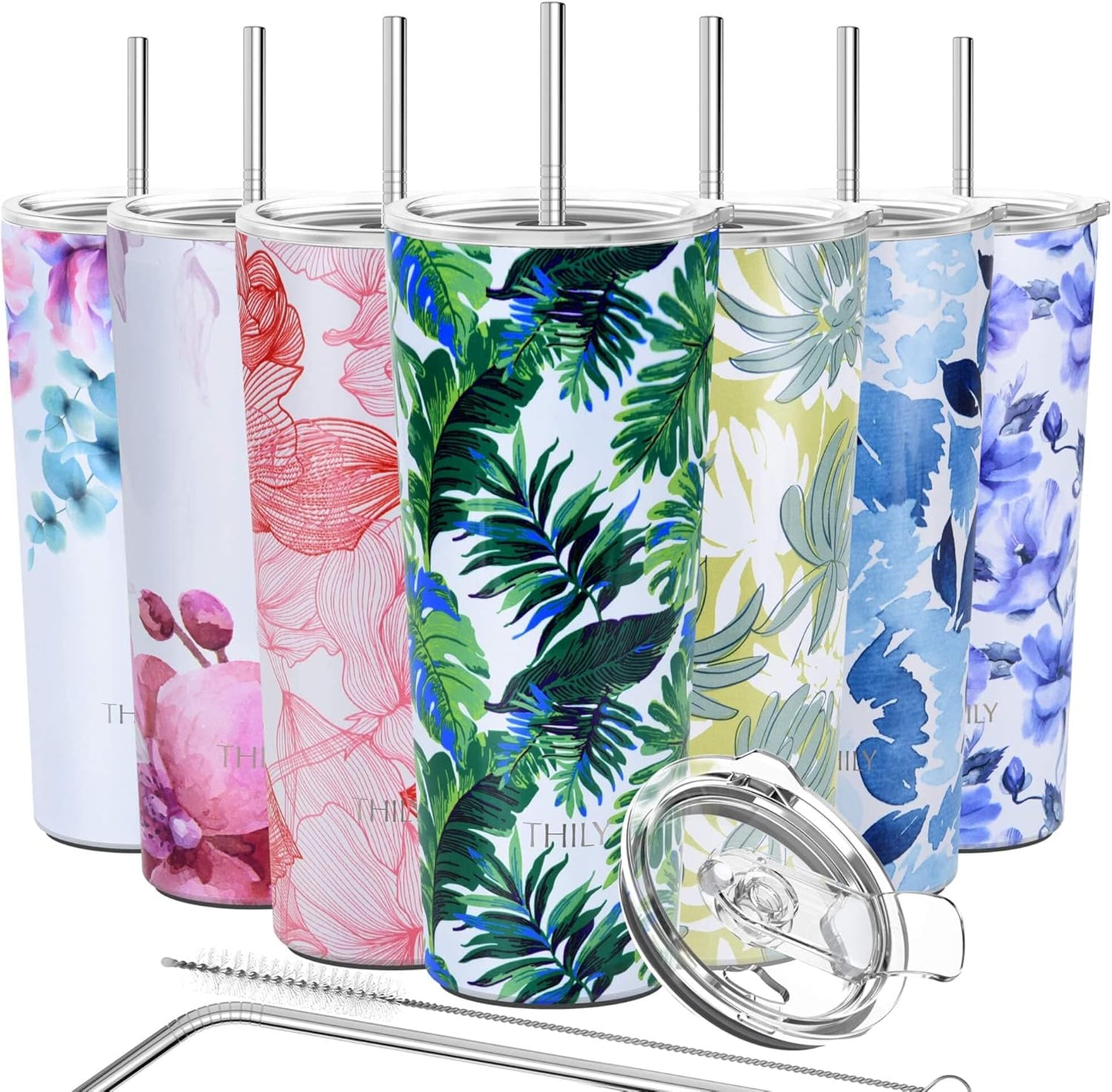 THILY Tumbler Stainless Steel Coffee Cup 26 oz Triple-Insulated Travel Mug with Splash-Proof Lid, for Ice Drinks and Hot Beverage Smoothies Cup, Green Plants