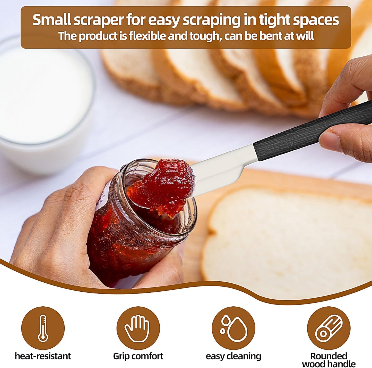 Wooden Handle Silicone Rubber Spatula Set for Kitchen Baking, Cooking, and Mixing High Heat Resistant Non Stick Dishwasher Safe BPA-Free Black+blue Set of 2 (Black Wooden Handle Spatula 4P)