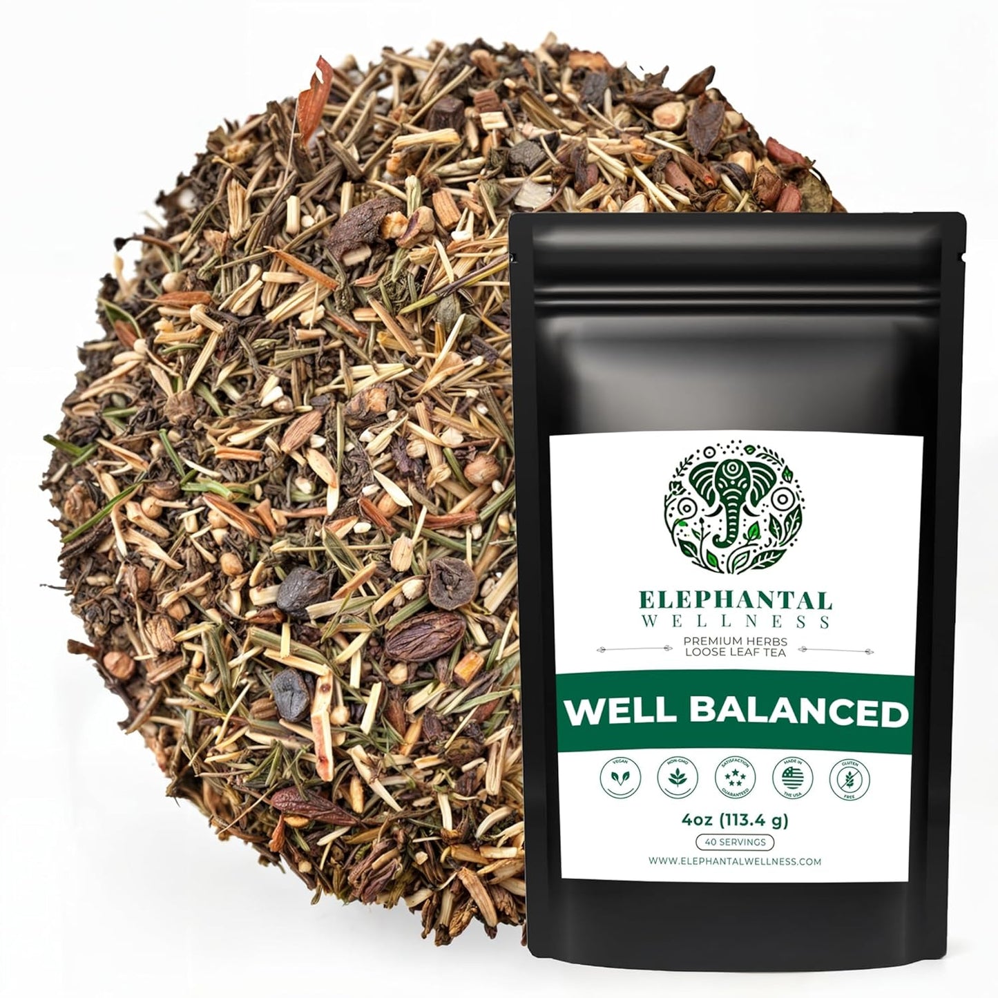 Elephantal Wellness Premium Well Balanced Herbal Tea | Healthy Cortisol, Adaptogenic Stress Energy Support with Ashwagandha, Goji, Reishi, Holy Basil & Lion’s Mane, Caffeine-Free, Non-GMO, 4 oz