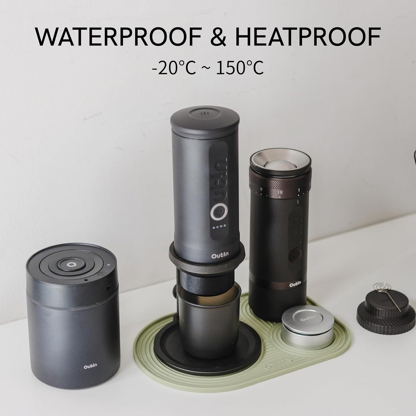 OutIn Silicone Coffee Mat, Foldable Waterproof, Drip Tray Mat For OutIn Products & Portable Coffee Makers 9.8’’ x6.7’’ (Green)