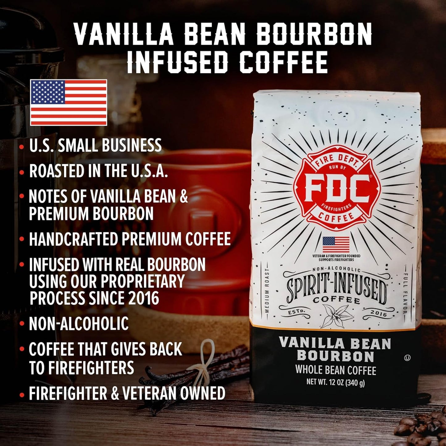 Fire Department Coffee - Vanilla Bourbon Coffee - Gives Back to Firefighters - Vanilla Bean Bourbon Infused - Ground Medium Roast - Non-Alcoholic - Roasted in the USA - Veteran Owned - 12 oz