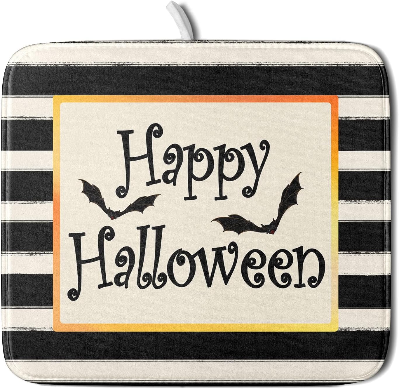Happy Halloween Bats Dish Drying Mat for Kitchen Counter,Black and White Stripe Drying Mat 16 x 18 Inch with High Absorbent Microfiber Dish Drying Pad Dish Rack Pad Drainer Mat for Coffee Bar