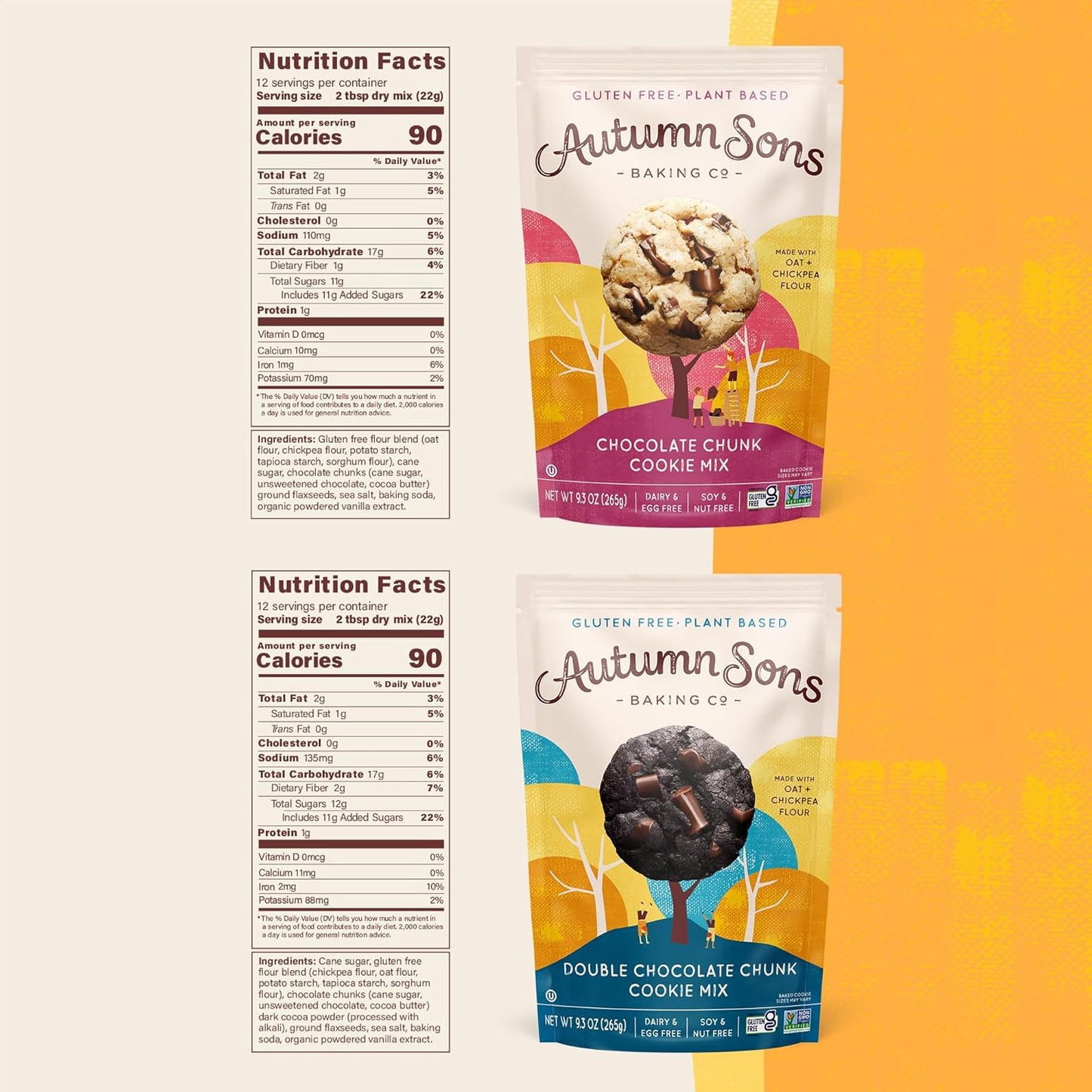 Autumn Sons Baking Co. Gluten Free Chocolate Chunk & Double Chocolate Chunk Cookie Mix Combo Pack. Vegan Plant Based Baking Mix. Free From 11 Common Allergens. 9.3 oz (Pack of 2)