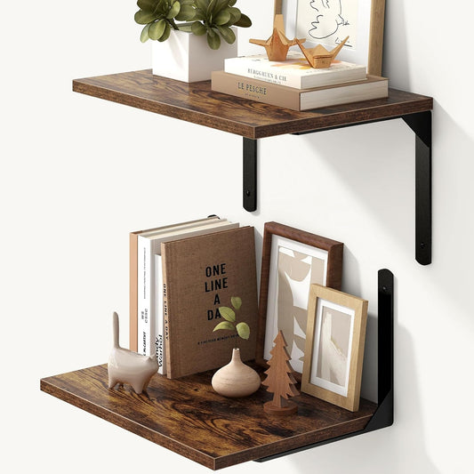 Fun Memories Rustic Brown 12 Inch Deep Floating Shelves Set of 2, Wall Mounted Shelf with Metal Brackets, Rustic Wood Wall Shelf for Bathroom, Kitchen and Living Room