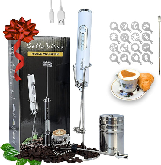Milk Frother Handheld Rechargeable 3-Speed Electric Frother Wand Whisk Foam Maker Drink Mixer with Stand, 2 Whisks, Spice Shaker, Art Stencils, Art Pen for Coffee Latte, Cappuccino, White