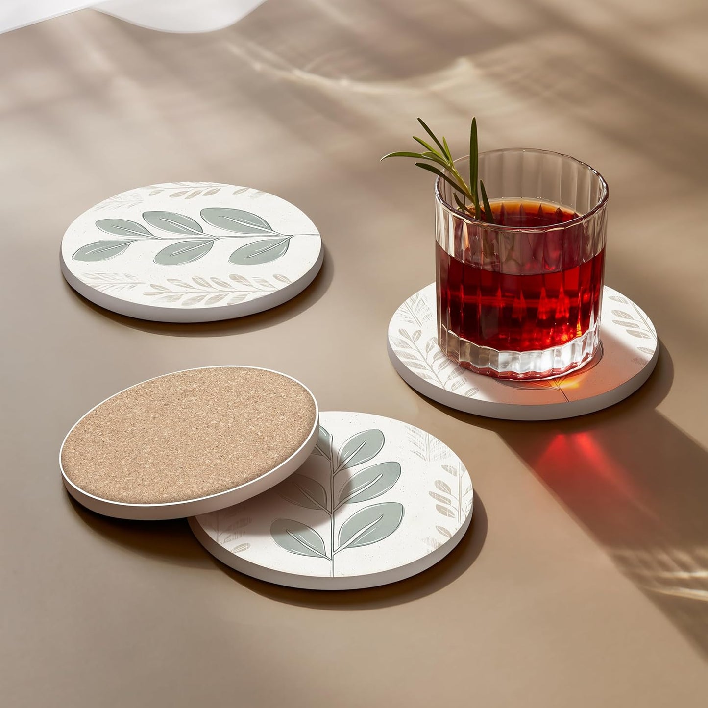 VEYRO Coasters Set of 4 for Drinks – Absorbent Ceramic Stone Drink Coasters with Cork Backing for Coffee Table & Desk, Modern Boho Look Cup Coaster Set, Housewarming Gift for New Home