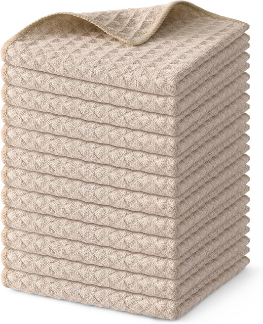 Homaxy Microfiber Waffle Weave Kitchen Dish Cloths, 12 x 12 Inch Ultra Absorbent and Solid Color Dish Towels for Kitchen Fast Drying Dishcloth for Washing Dishes, 12 Pack, Beige