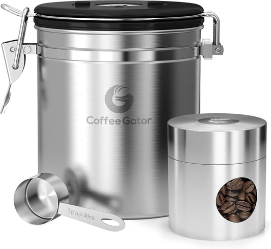 Coffee Gator Coffee Canister, Airtight 16oz Stainless Steel and 4oz Borosilicate Glass Jar Travel Kitchen Food Storage Container with Date Tracker, Scoop for Grounds, Beans, Sugar, Tea, Cookies