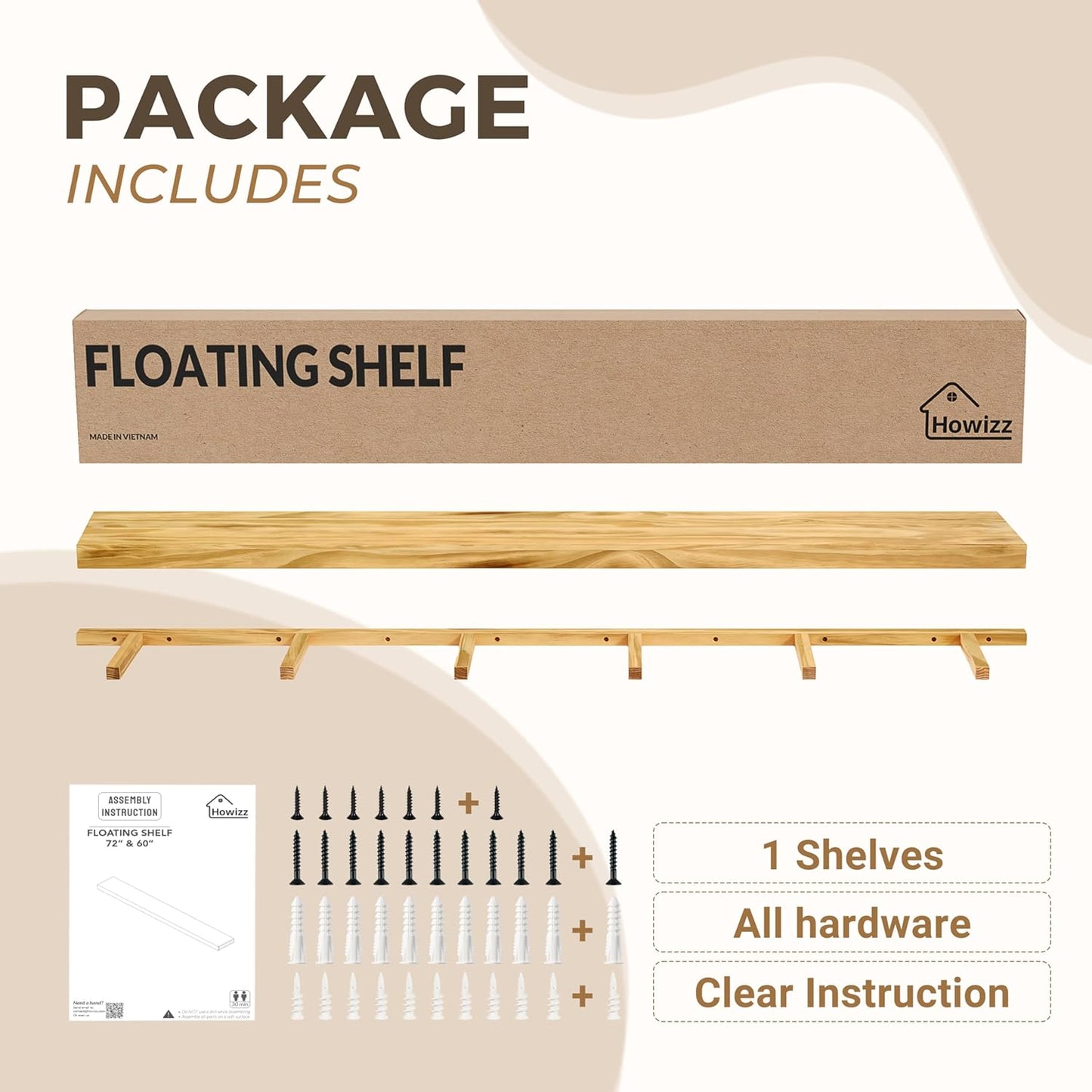 60'' Pine Wood Floating Shelf for Wall - Rustic Wall Mounted Wooden Shelf for Stylish Home Décor, Fireplace Mantel 60inch (Dark Brown, 60x8x2) - 1pcs
