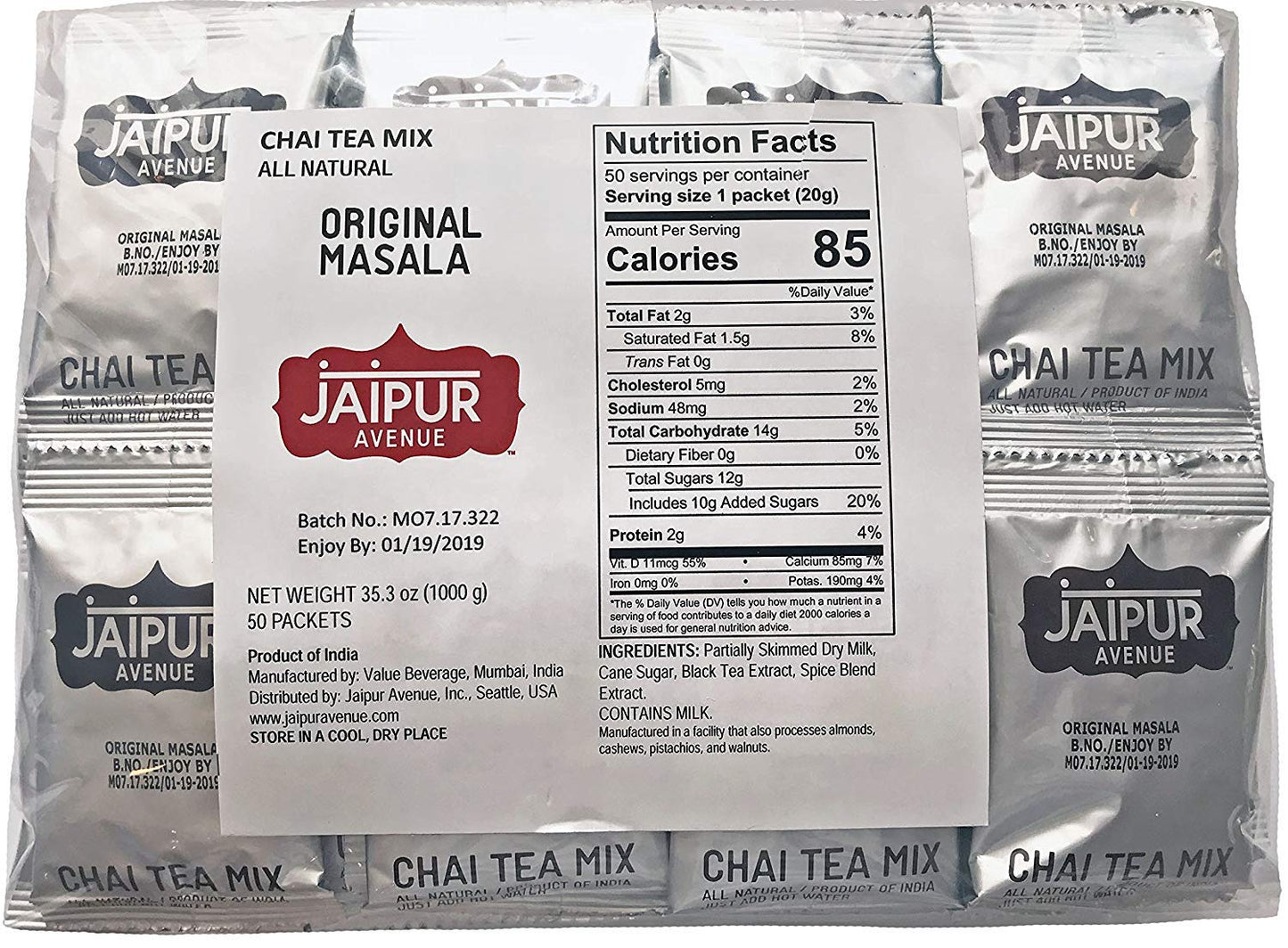 Jaipur Avenue Masala Chai Tea Mix Crafted with All-Natural Assam Black Tea, Masala, Cane Sugar, and Premium Dry Milk - Preservative-Free, Gluten-Free, Authentic Indian Chai Tea Latte (50 Packets)