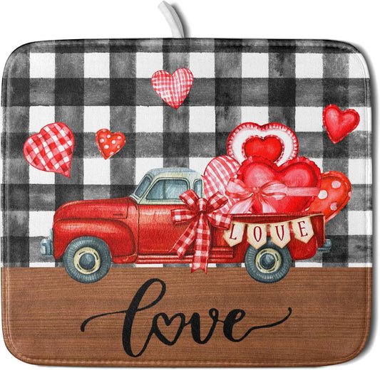 Valentine's Day Red Heart Truck Dish Drying Mat for Kitchen Counter,Black White Buffalo Plaid Love Drying Mat 16 x 18 Inch with Absorbent Reversible Microfiber Dish Drying Pad for Coffee Bar