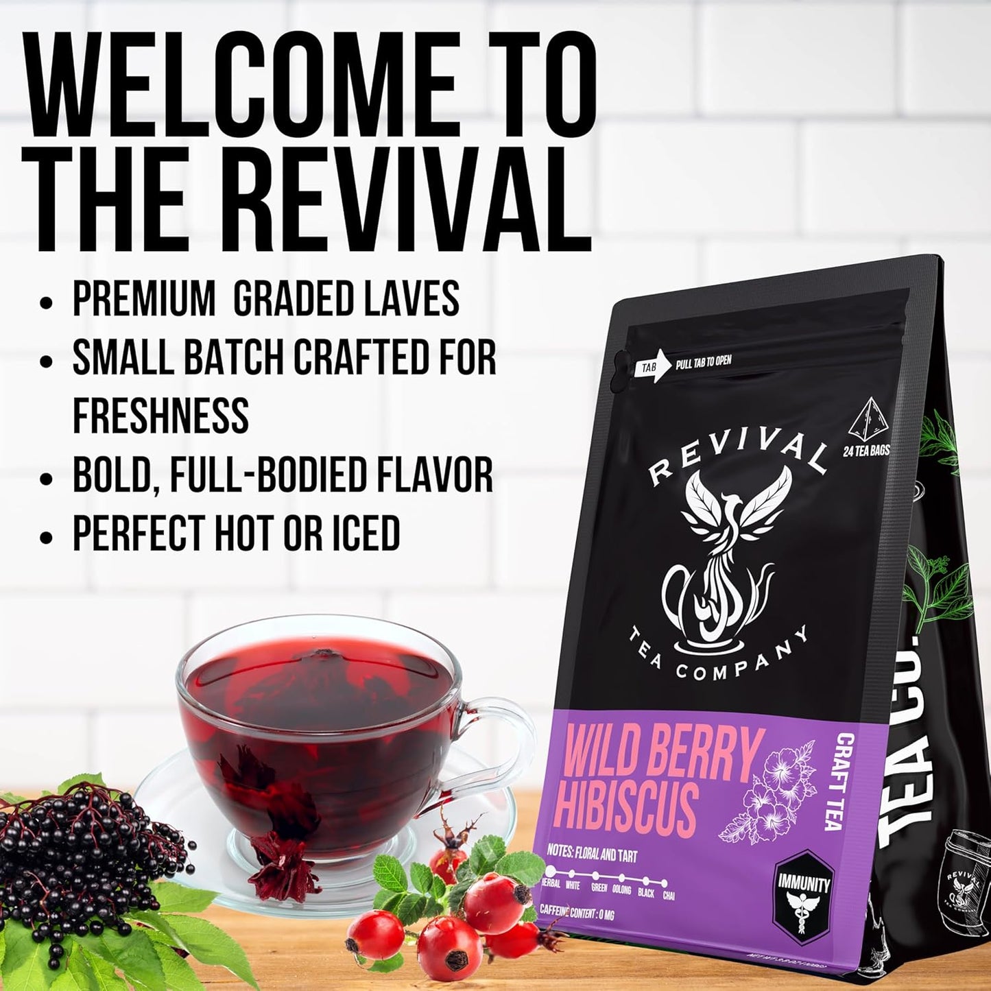 Revival Tea Company Wild Berry Hibiscus Tea - Herbal Tea Blend with Elderberry and Natural Wild Berry Flavor - Caffeine Free - 24 Tea Bags