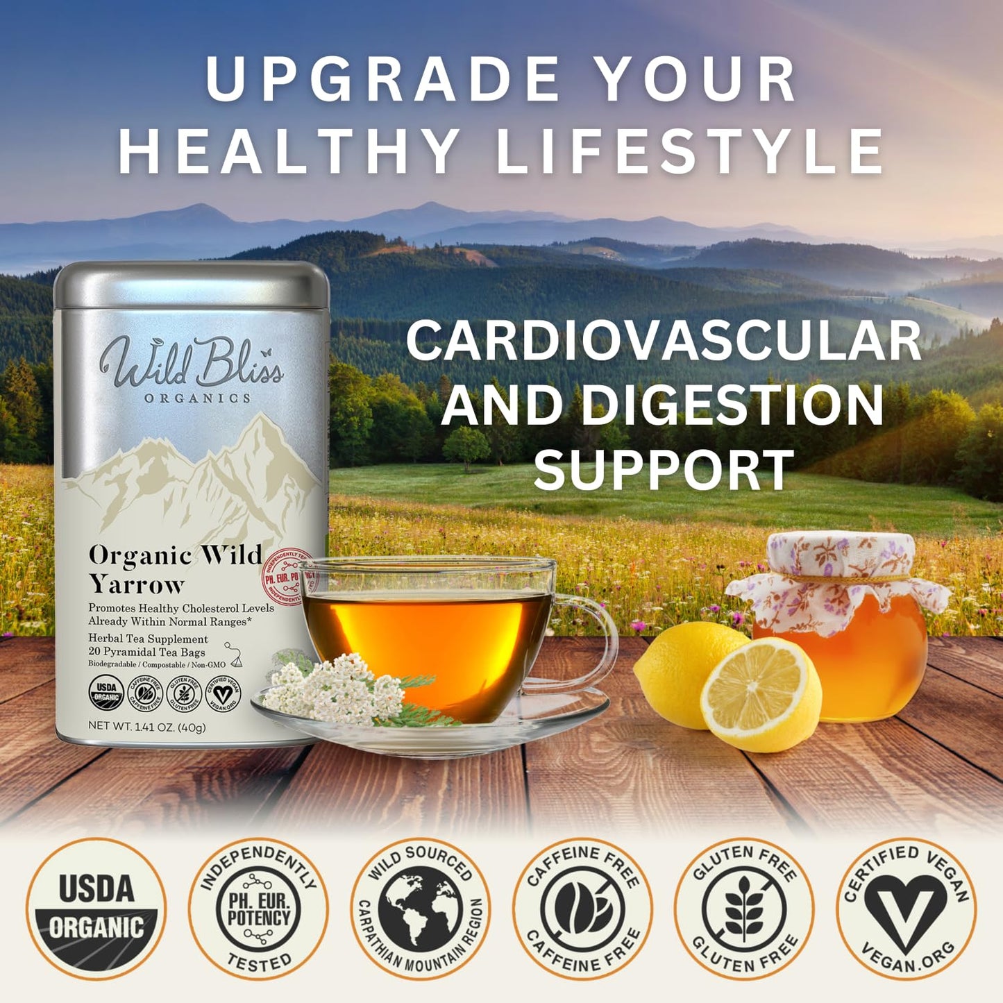 Wild Bliss Organic Yarrow Tea - Caffeine Free Herbal Tisane - Pharmacopoeia Potency - 20 Plant Based Tea Bags