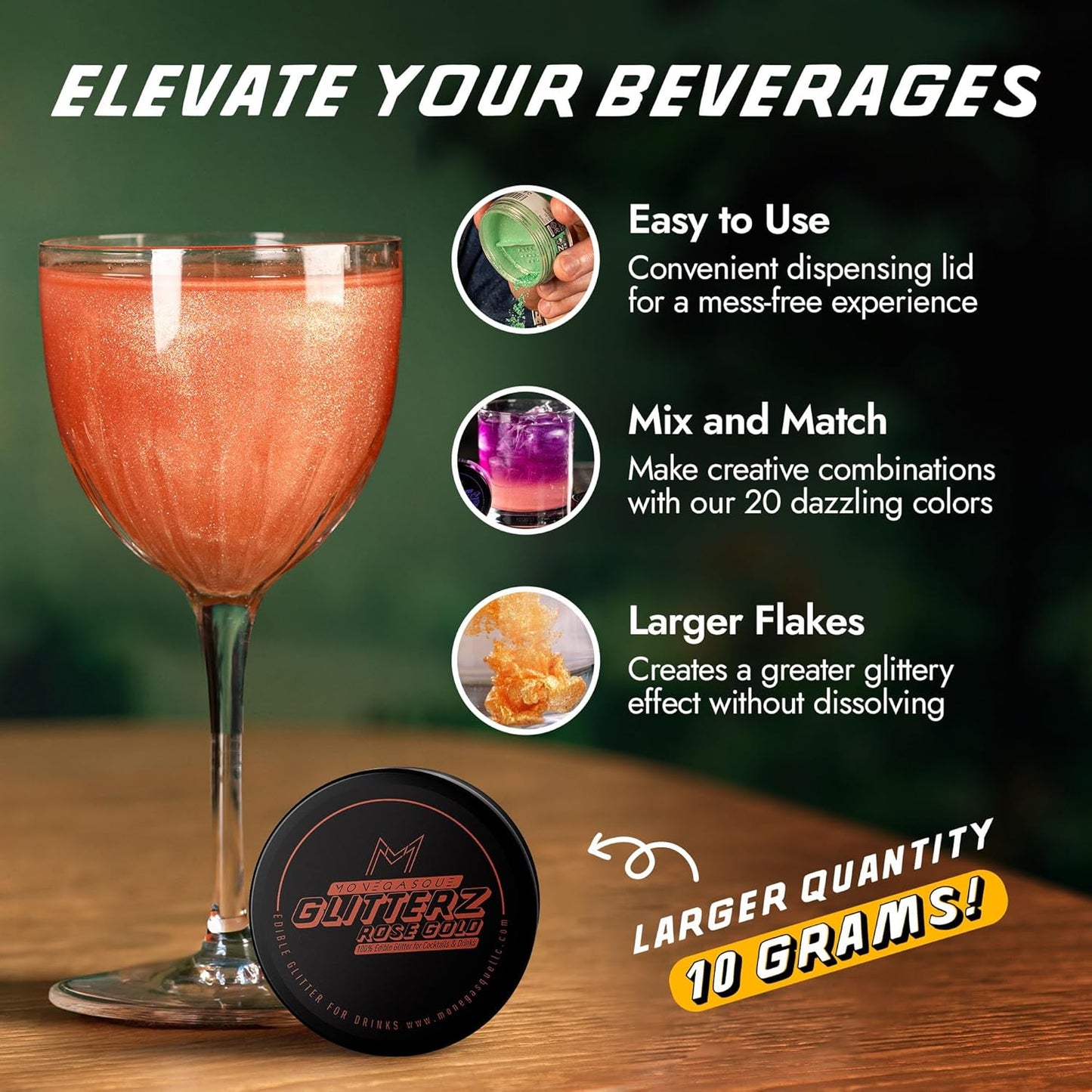 MONÉGASQUE Rose Gold Edible Glitter for Drinks 10g – Rose Gold Edible Glitter for Cakes – Halloween Chocolate, Cupcake, Strawberries, & Cake Decorations Sparkles – Cocktails & Drink Shimmer Powder