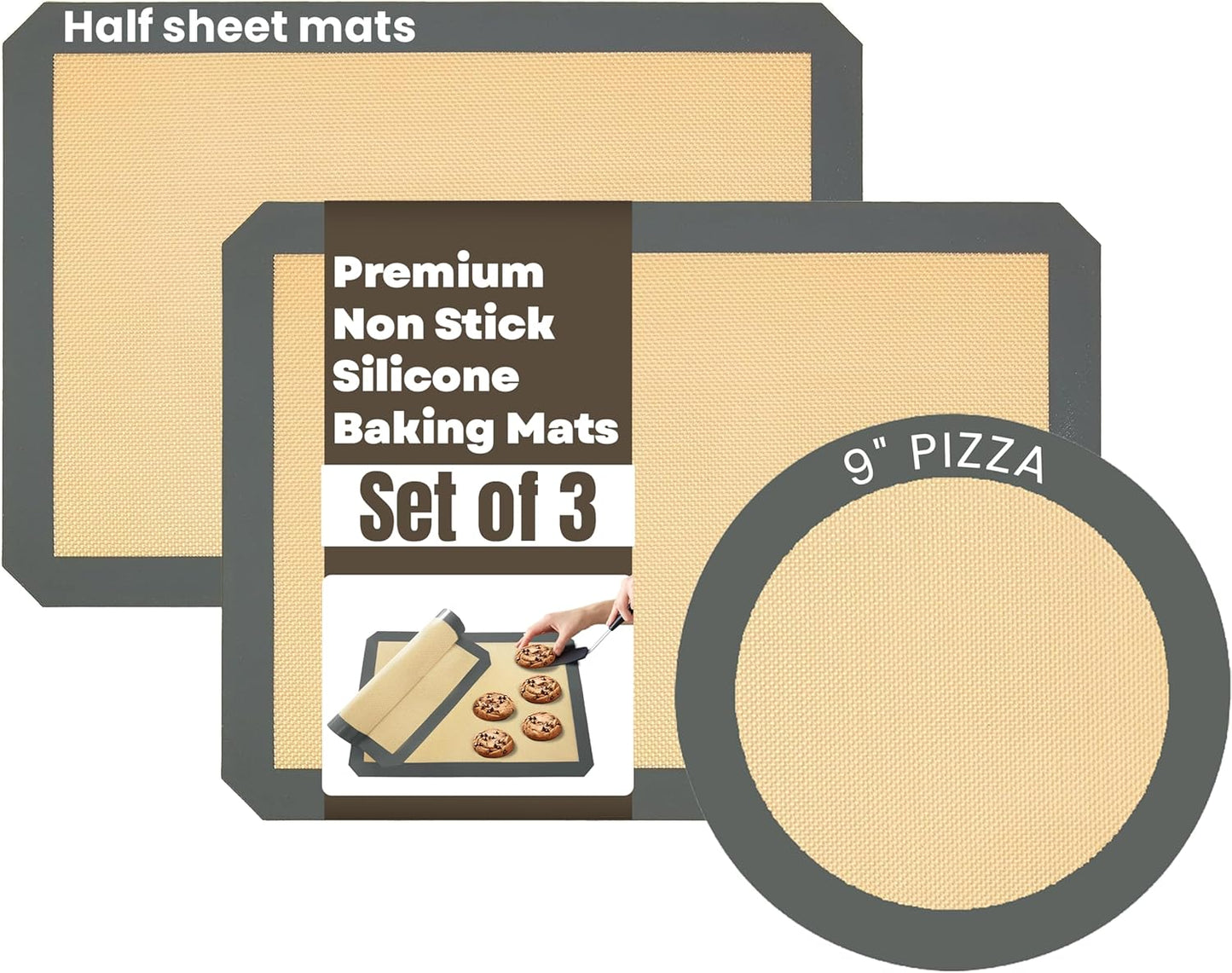 2 Half Sheet Nonstick Silicone Baking Mats and Microwave Toaster Oven Pizza Mat Circle 9" - Thick Heavy Duty Silicone Baking Sheet Non Stick 1/2 for Macaron Cookie - 3 Pack Reusable Cooking Pads
