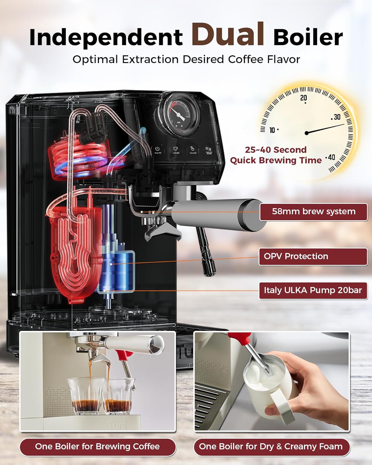 Tuni E2 𝑬𝒔𝒑𝒓𝒆𝒔𝒔𝒐 𝑴𝒂𝒄𝒉𝒊𝒏𝒆 with G1 𝑪𝒐𝒏𝒊𝒄𝒂𝒍 𝑪𝒐𝒇𝒇𝒆𝒆 𝑮𝒓𝒊𝒏𝒅𝒆𝒓 and 𝑩𝒐𝒕𝒕𝒐𝒎𝒍𝒆𝒔𝒔 𝑷𝒐𝒓𝒕𝒂𝒇𝒊𝒍𝒕𝒆𝒓 Combo Set | 48 Grind Settings | Professional Home Barista Kit