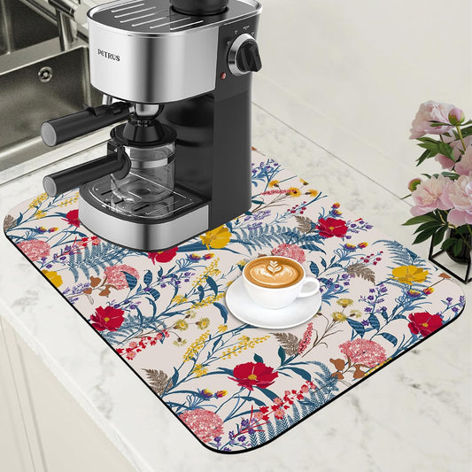 Botanical Dish Drying Mat Spring Flowers Coffee Bar Mat for Countertop Absorbent Rubber Backed Hide Stain Dish Drainer Rack Pad Espresso Machine Cafe Table Dining Room Decor 11.8 x 19.7 Inch