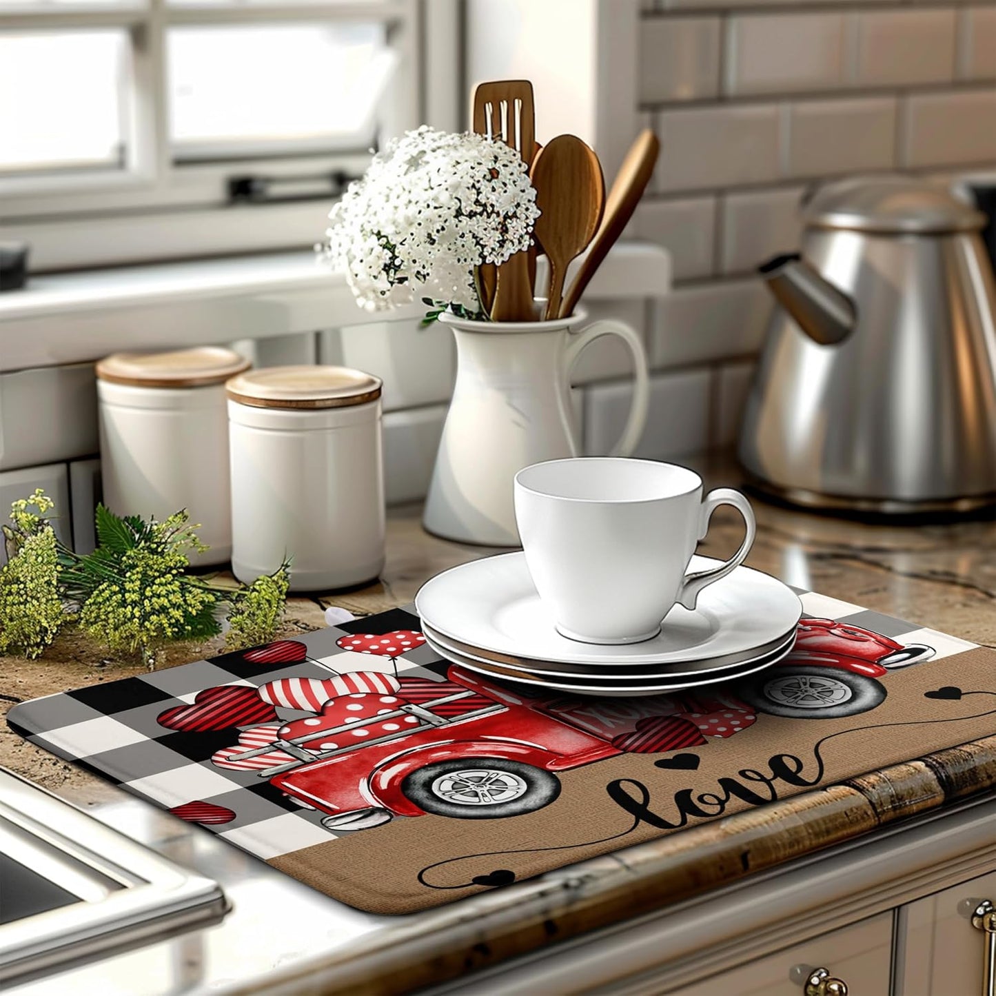 Valentines Dish Drying Mat Valentine Buffalo Plaid Hearts Kitchen Drying Pad Absorbent Dishes Dryer Mats 18x24 Inches
