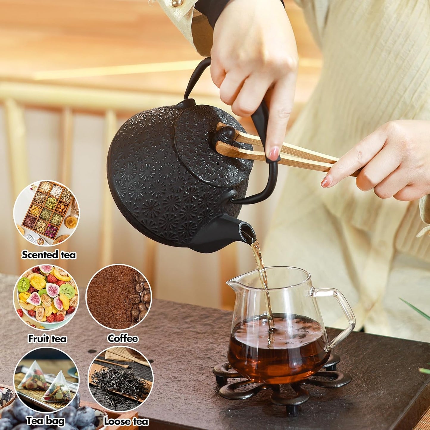 Cast Iron Teapot, 32oz Tea Kettle with Infuser for Stove Top, Sakura Blossom Pattern Japanese Tea Pot for Tea & Coffee Coated with Enameled Interior, Silicone Handle 950ml black