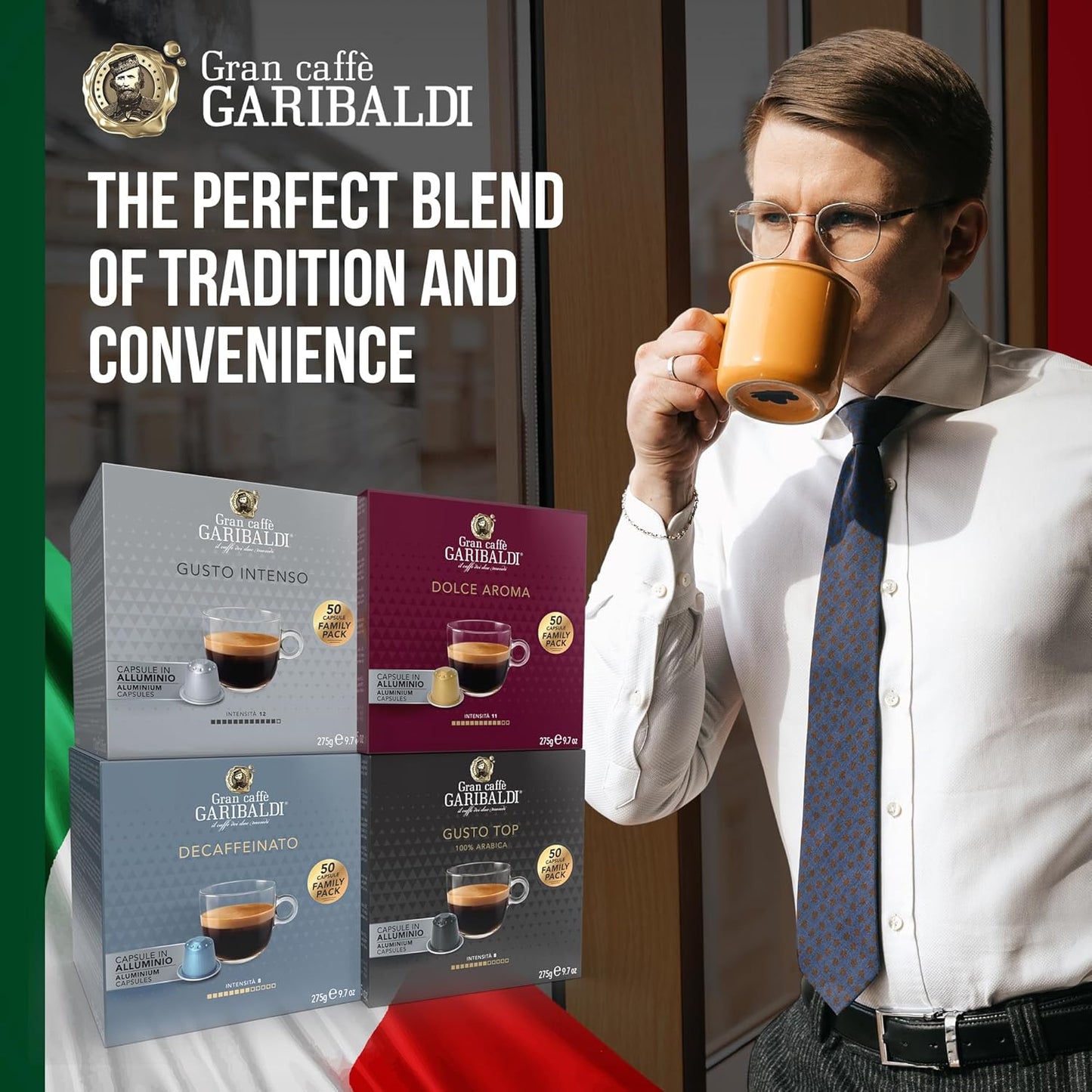 Gran Caffè Garibaldi Espresso Pods, Italian Roasted Coffee, Compatible Nespresso Original Line Machines, Nitrogen Flushed, Full-Bodied Crema, Almond & Dried Fruit - Dolce Aroma 50 Aluminum Cups