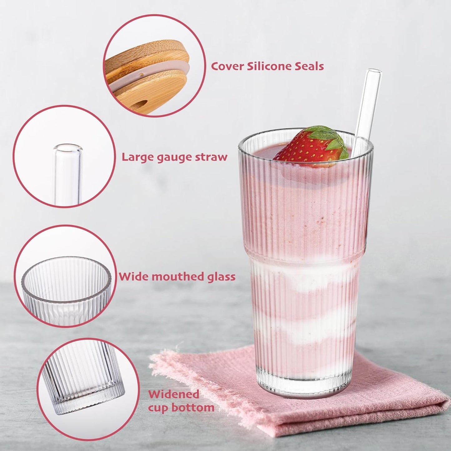 20 oz Ribbed Glass Tumblers with Bamboo Lids and Straws, 2 Pcs Wide Mouth Thickened Vintage Glass Cup for Boba, Iced Coffee, Juice