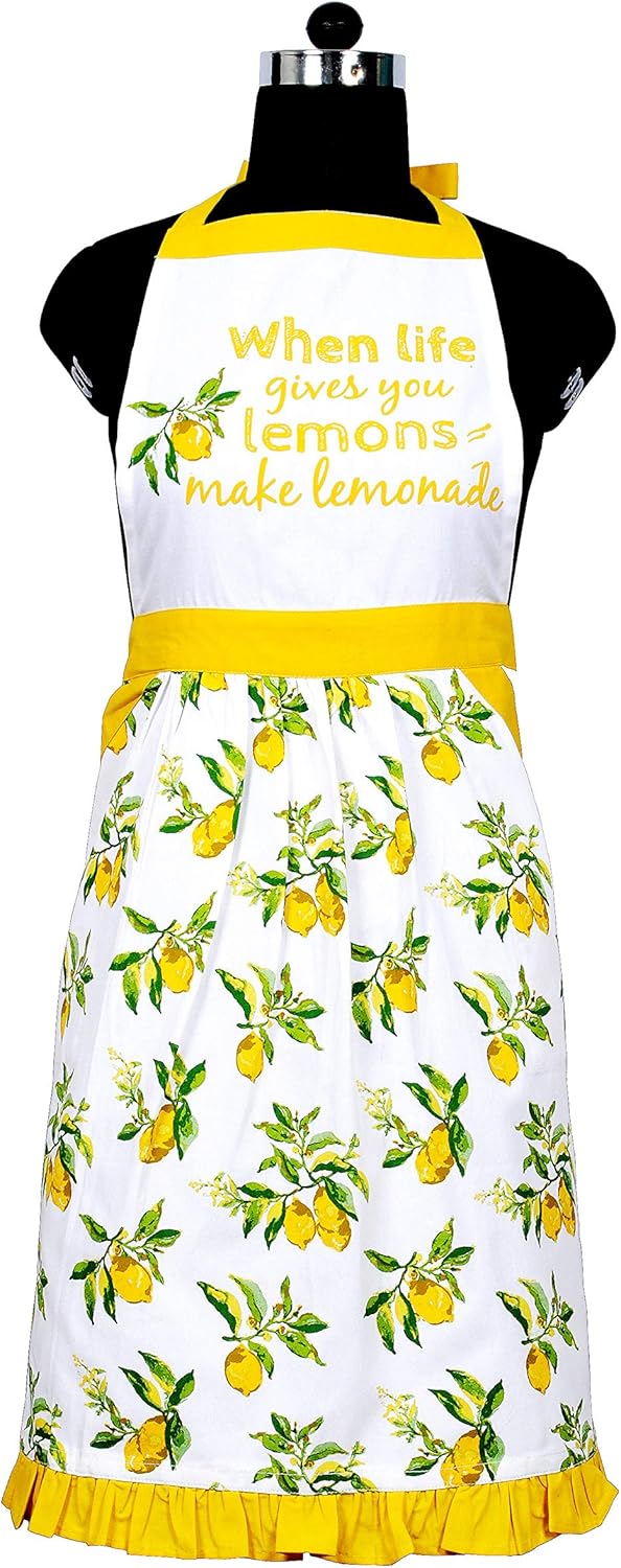 AMOUR INFINI Kitchen Apron for Women with Pockets Cotton Printed Aprons for Baking, Gardening, Painting Reusable and Washable (27.5 x 33 Inches - Citrus Splash)