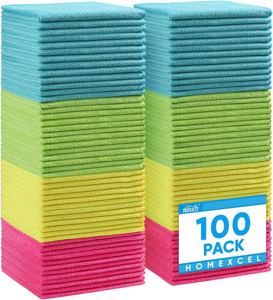 HOMEXCEL Microfiber Cleaning Cloth,100 Pack Cleaning Rags, Cleaning Towels with 4 Color Assorted, 11.5"X11.5" Shop Towels (Green/Blue/Yellow/Pink)